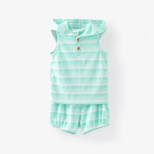 Baby Boy/Girl 2pcs Striped Print Hooded Tank Top and Shorts Set