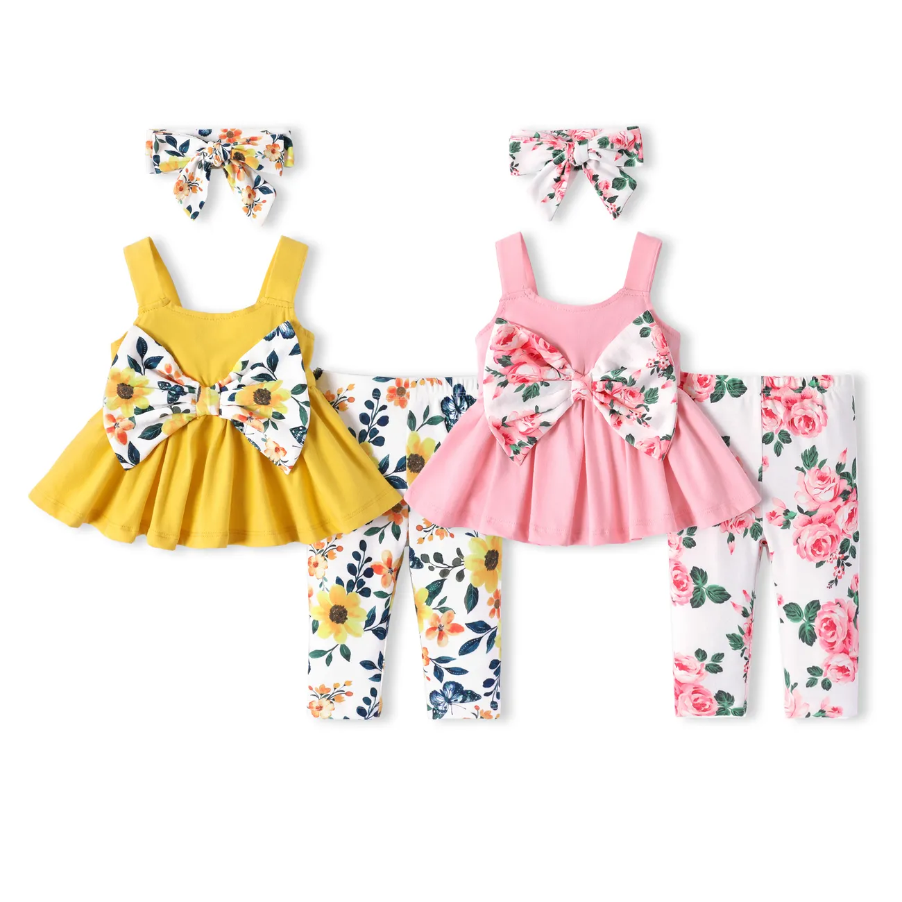 Baby Girl 3pcs Bowknot Cami Top and Floral Pattern Leggings with Headband Set Pink big image 1