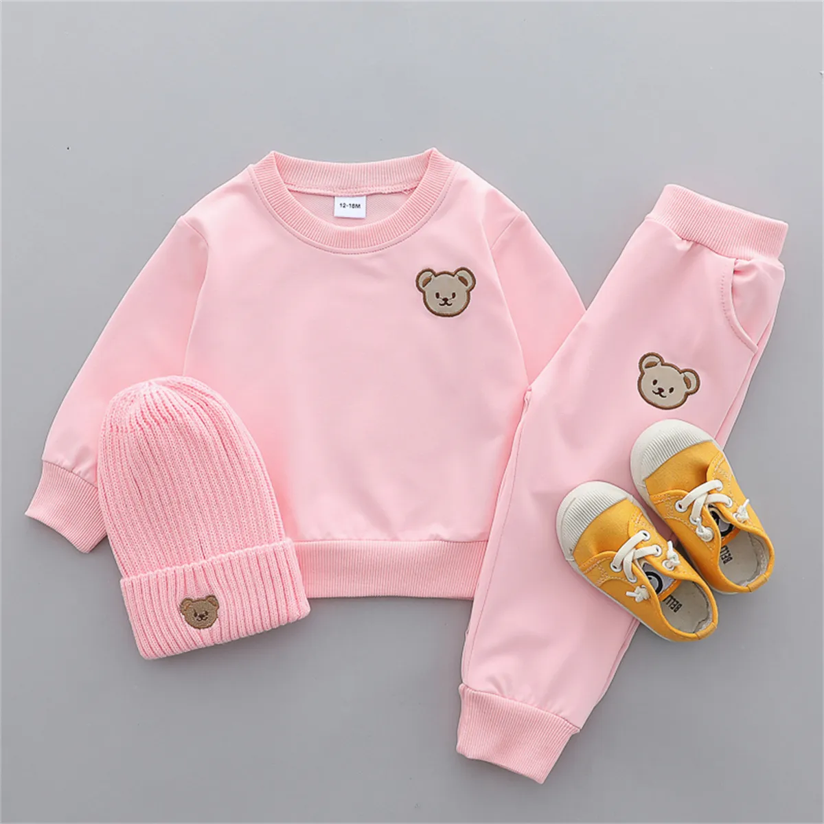2pcs Kid Girl/Boy Solid Bear Pattern Set Pink big image 1
