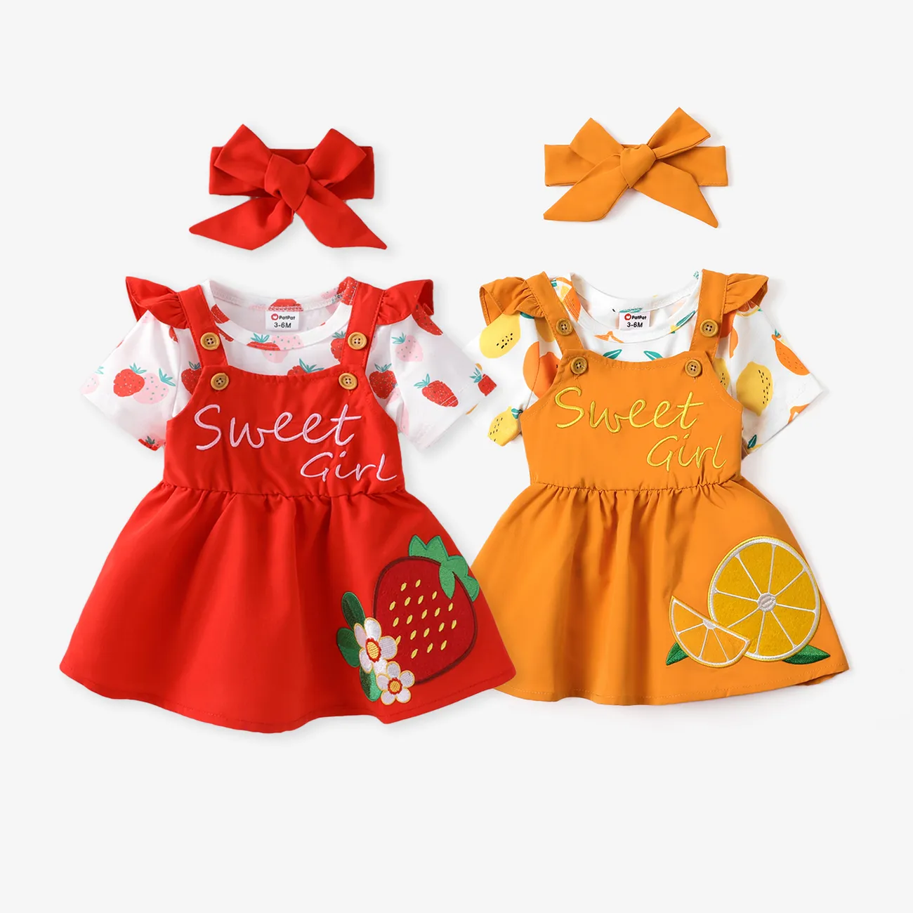 Baby Girl 2pcs Fruit Embroidered Flutter Sleeve Dress and Headband Set Red big image 1