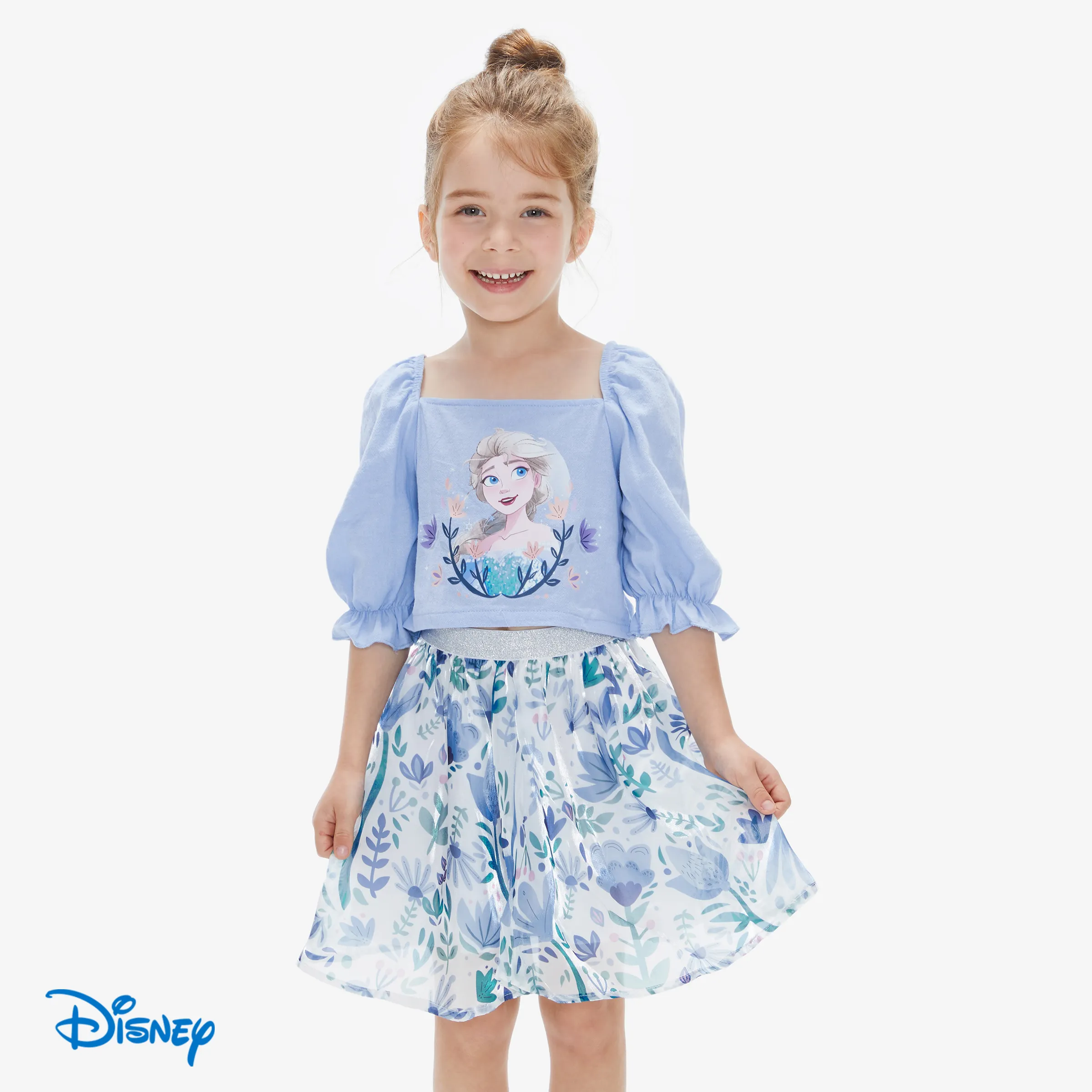 迪士尼冰雪奇緣艾爾莎 2 件套幼兒女孩角色印花泡泡袖上衣與花卉裙子套裝