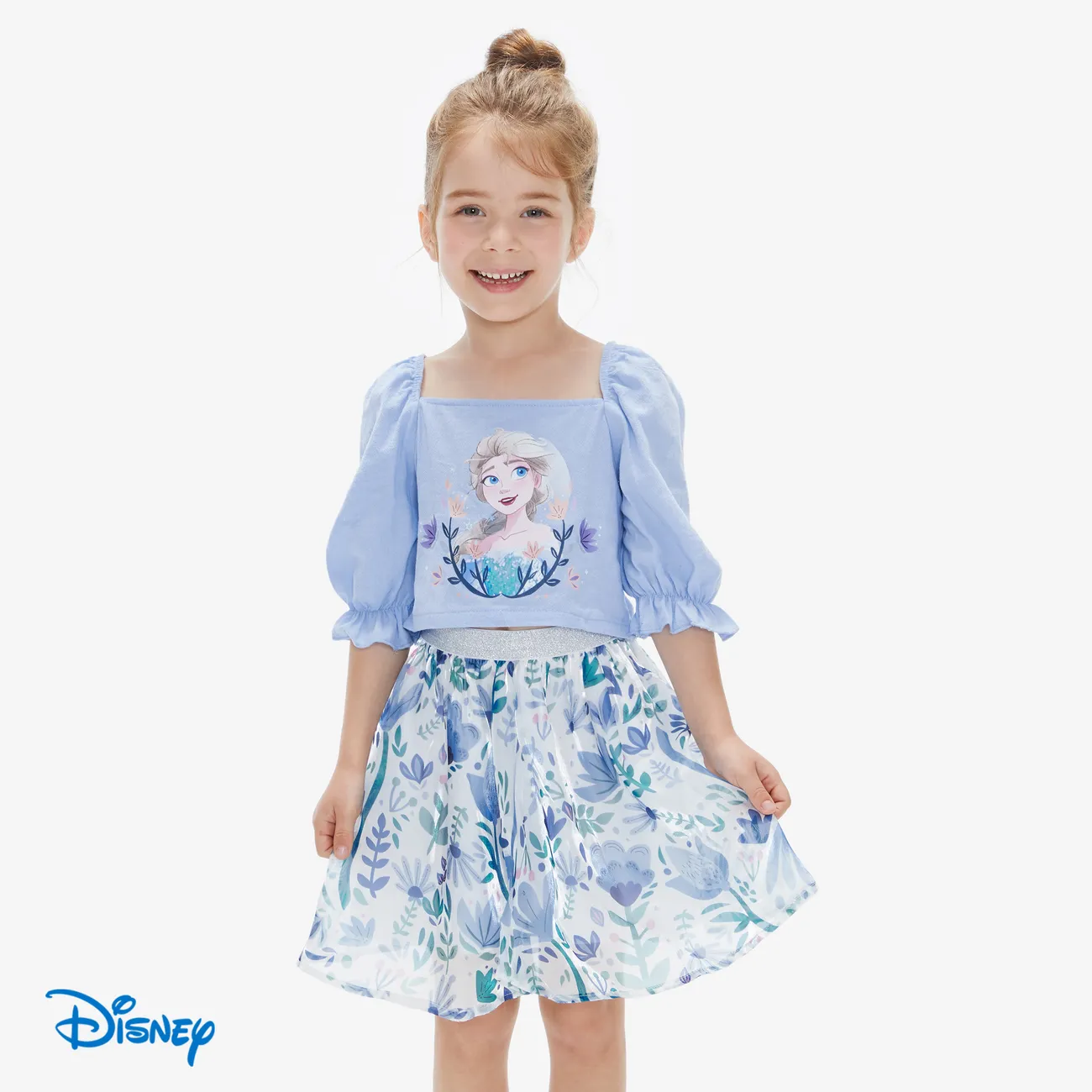 Disney Frozen Elsa/Anna 2pcs Toddler Girls Character Print Puff Sleeves Top with Floral Skirts Set Blue big image 1