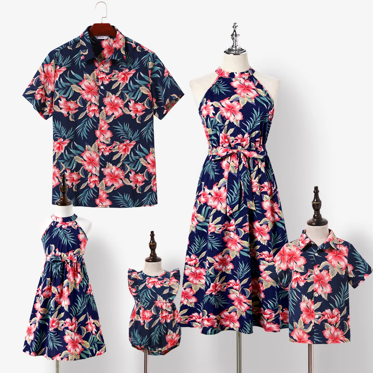 Family Matching Allover Floral Print Halterneck Dresses and Short-sleeve Shirts Sets Blue big image 1
