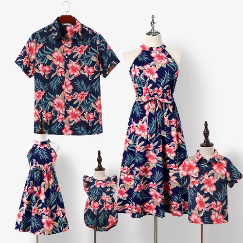 Family Matching Allover Floral Print Halterneck Dresses and Short-sleeve Shirts Sets