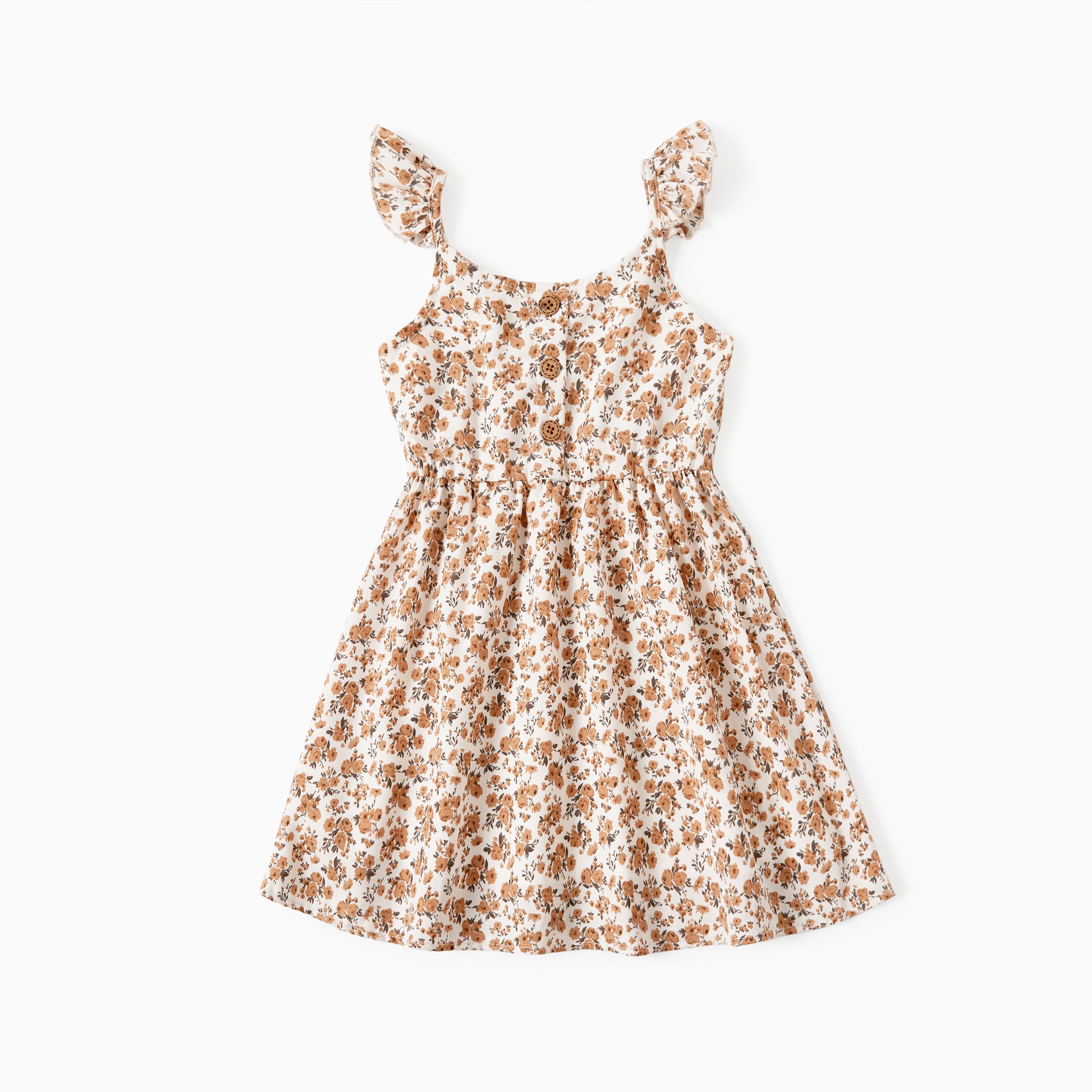 Mommy and Me Beige Floral Shirred Top Button Front Dress