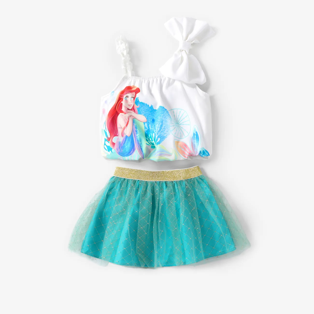 Disney Princess Ariel/Jasmine 2pcs Toddler Girls Character Print Bowknot Sleeve Top with Mesh Skirt Set
 Green big image 1