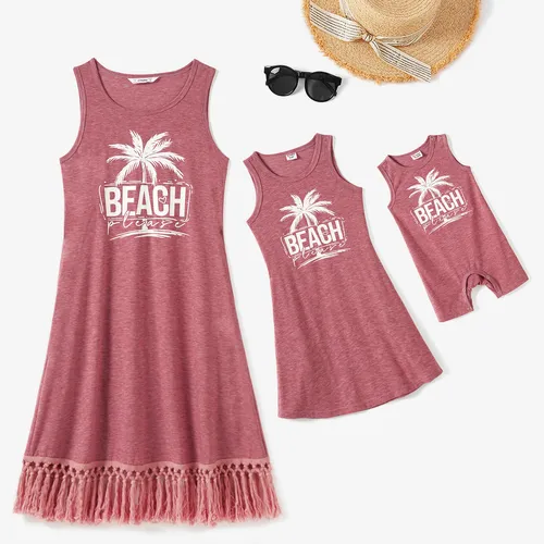 Mommy and Me Pink Round Neck Sleeveless Tasseled Trim Coconut Tree Graphic Beach Dress
