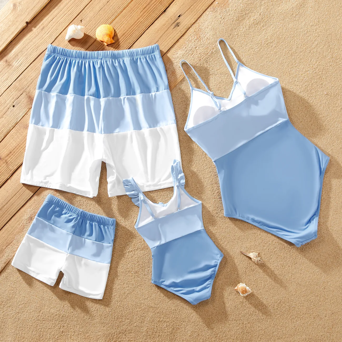 UPF50+ Family Matching Swimsuit Colorblock Drawstring Swim Trunks or Cross Front Cut out Ruched One-Piece Swimsuit (Sun-Protective) Blue big image 1