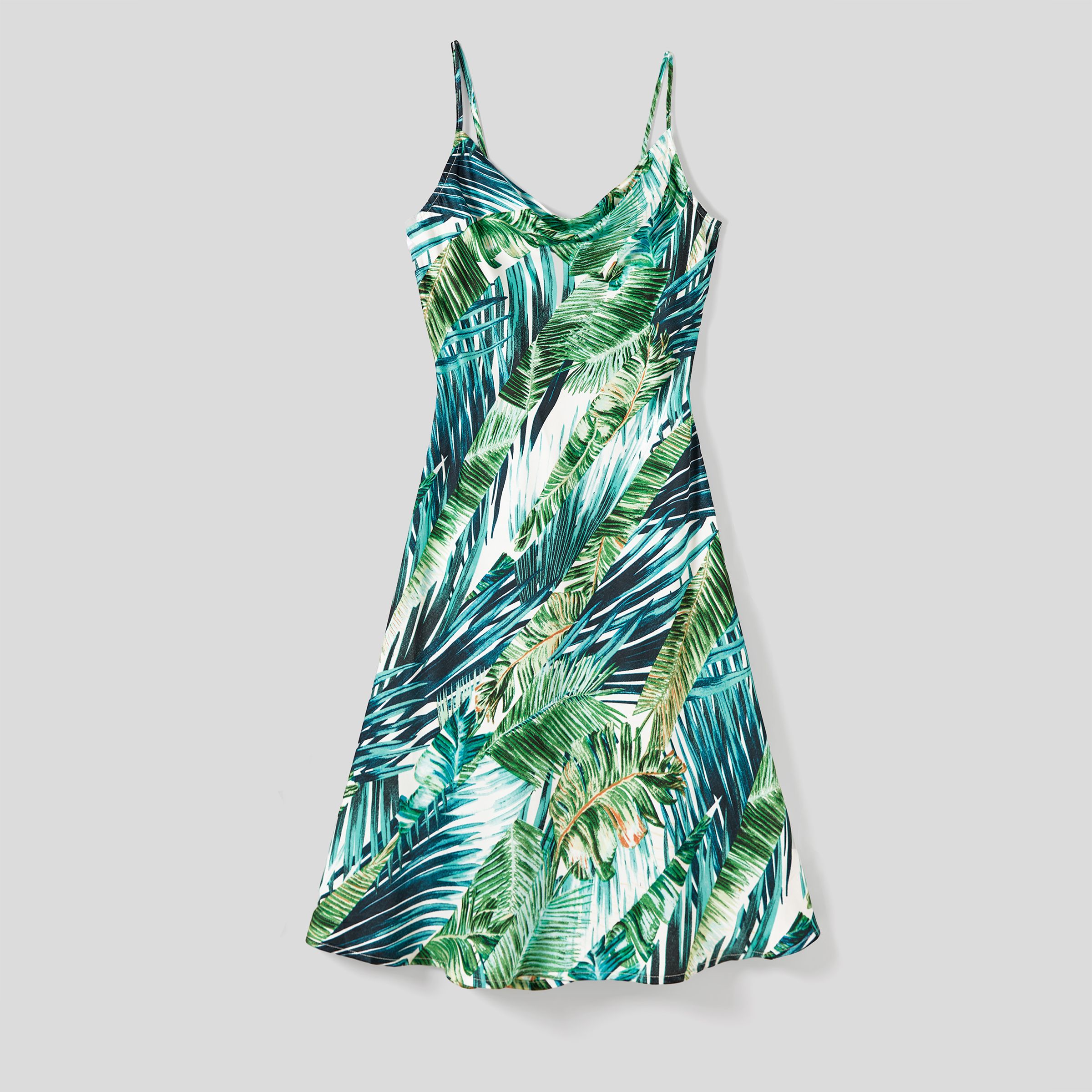 Family Matching Floral Panel Color Block Tee and Tropical Leaf Pattern Satin Swing Neck Slip Dress S