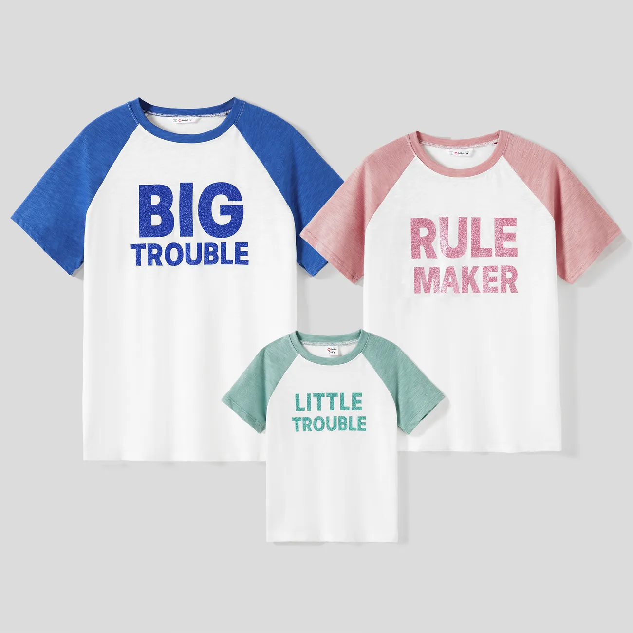 Family Matching Fun Words Shiny Letter Raglan Sleeves Top Color block big image 1