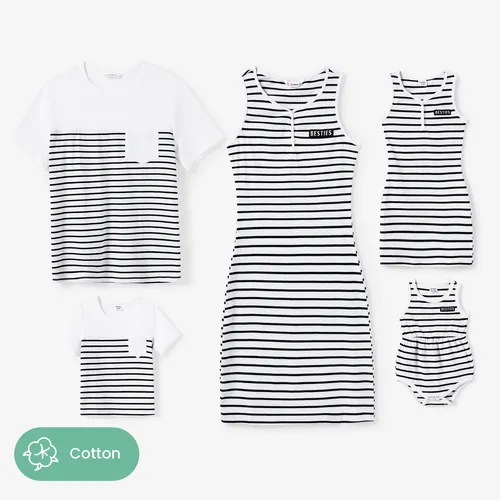 Familienpassendes Streifen-T-Shirt mit kurzen Ärmeln und Henry-Hals-Streifen ärmellose Besties Kleid-Sets