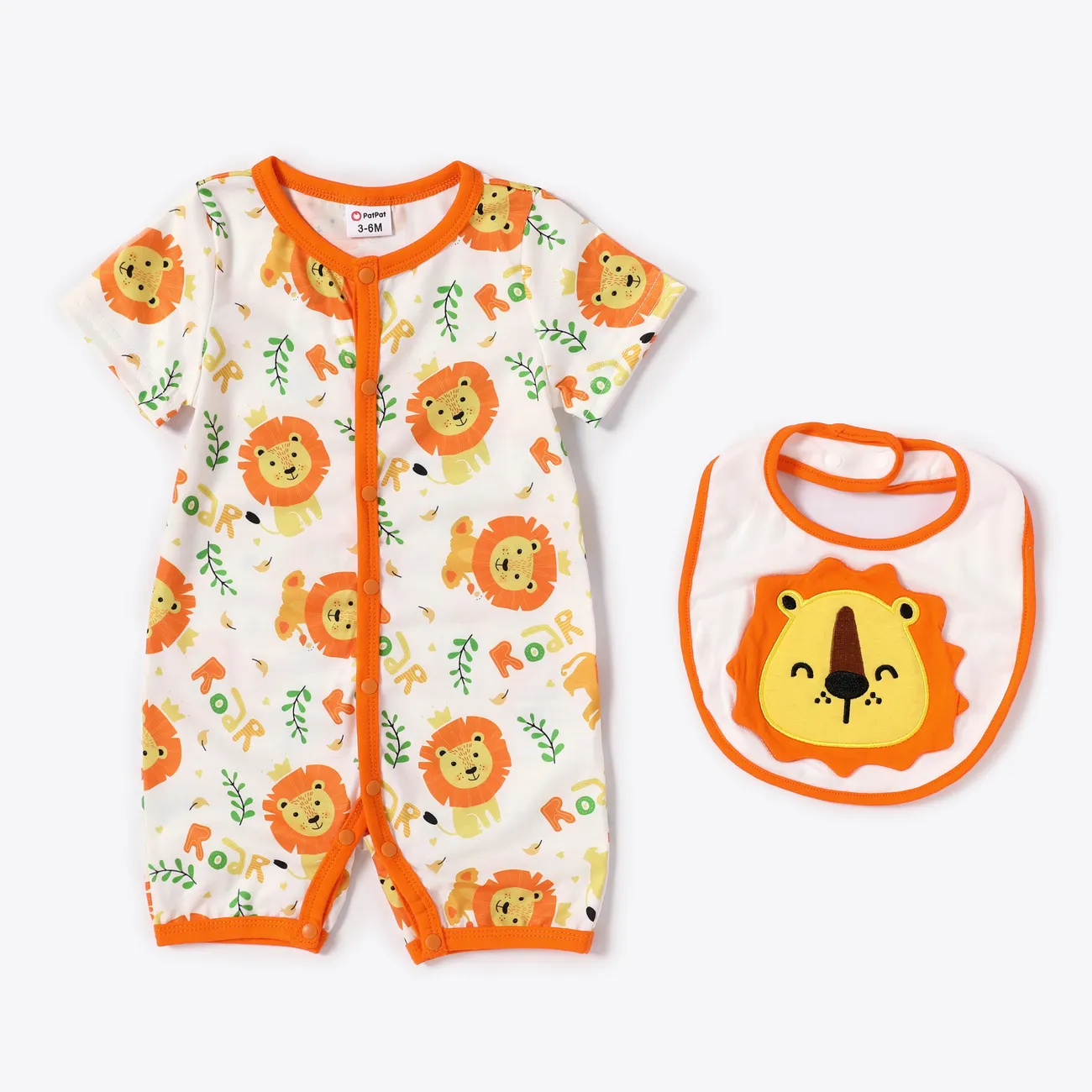 Baby Boy/Girl 3pcs Lion Print Romper and Jumpsuit and Bib Set Orange big image 1
