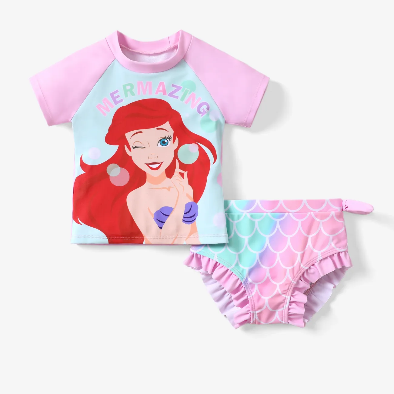 Disney Princess Toddler Girl 2pcs Ariel Character print Short-sleeve Top and Shorts Swimsuit Pink big image 1