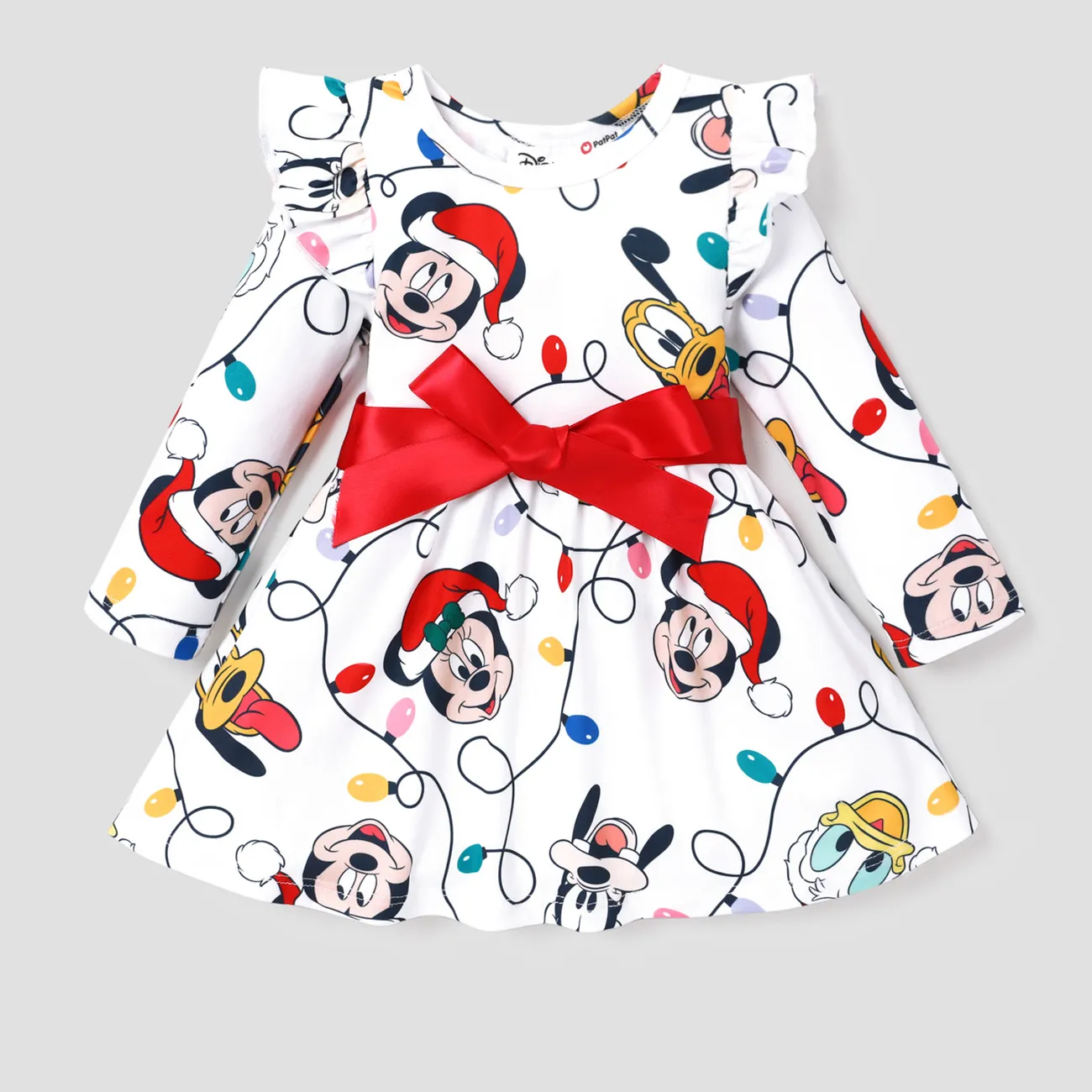 Disney Mickey and Friends Toddler Girl Christmas Full Print Bow Tie Long-sleeve Dress  Red big image 1