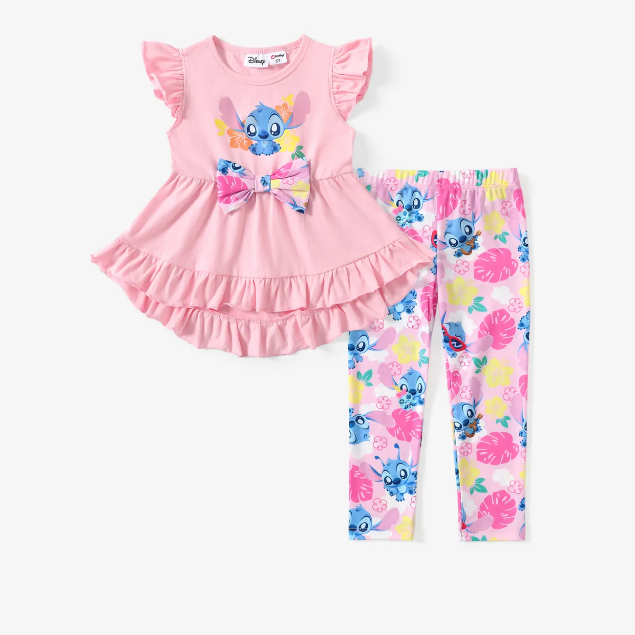 Disney Stitch Toddler Girls 2pcs Naia™ Cotton Floral Print Bow Ruffled layers Top with Leggings Set Pink big image 1