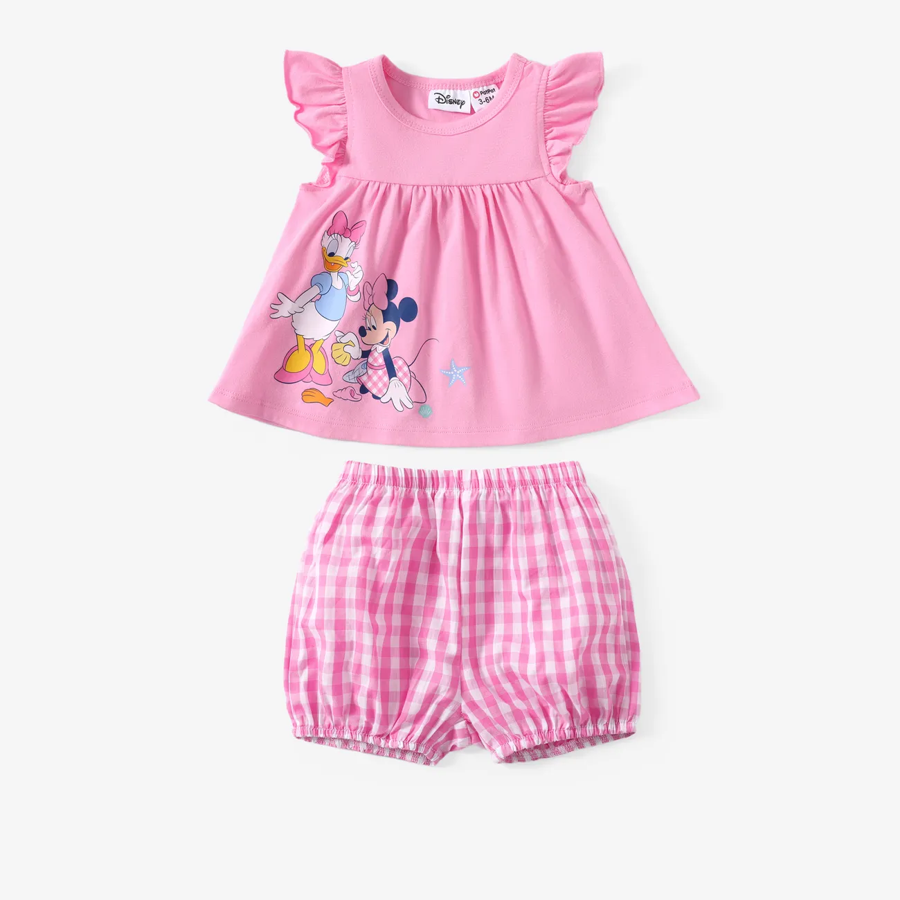 迪士尼米奇和朋友們嬰兒/幼兒女孩 2 件裝棉質角色印花荷葉邊袖上衣搭配格紋短褲套裝 粉色 big image 1