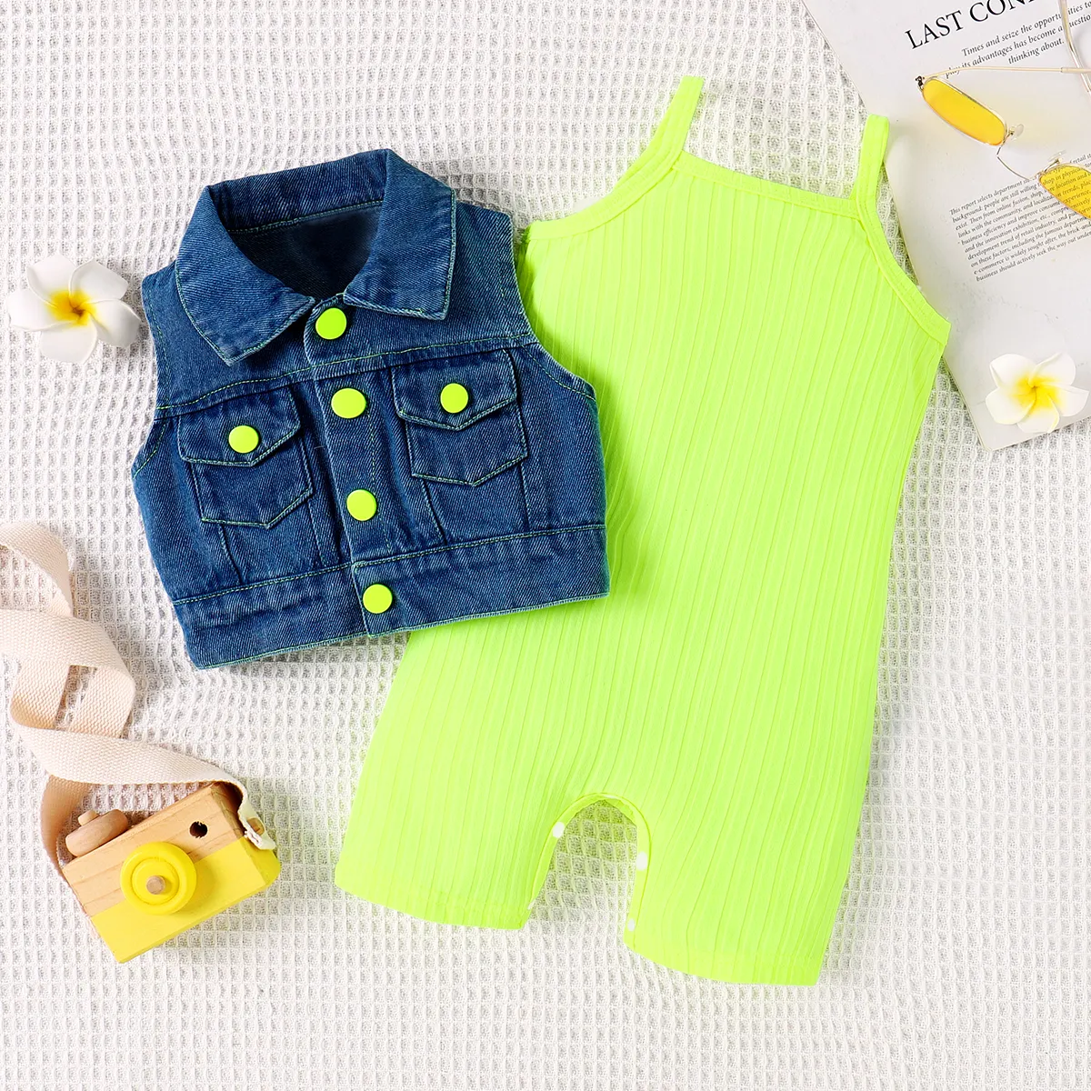 2pcs Baby Girl Solid Rib-knit Romper and Button Up Front Vest Denim Jacket Set Green big image 1