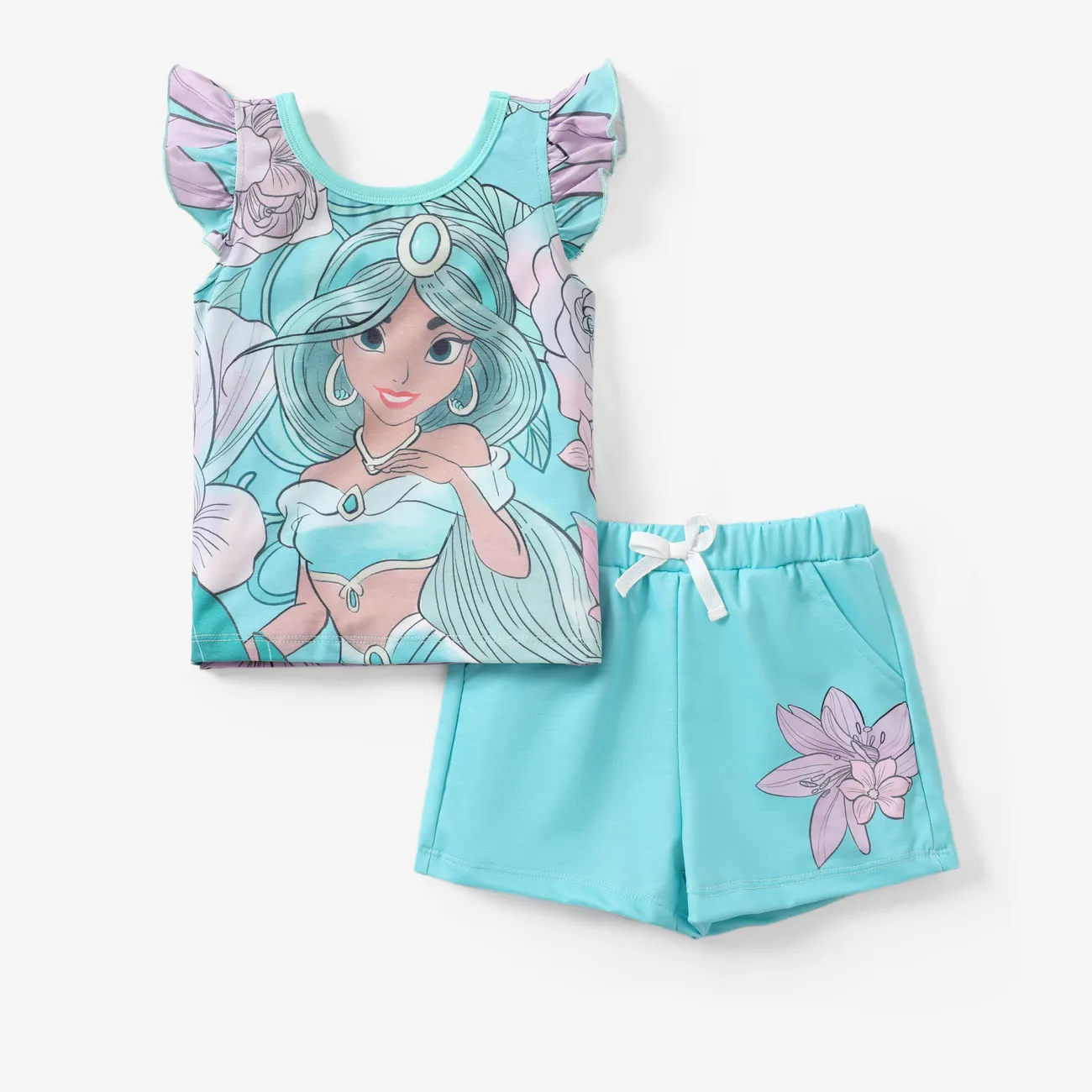  Disney Princess 2pcs Toddler Girls Naia™ Character Floral Print Ruffled Top with Shorts Set Green big image 1