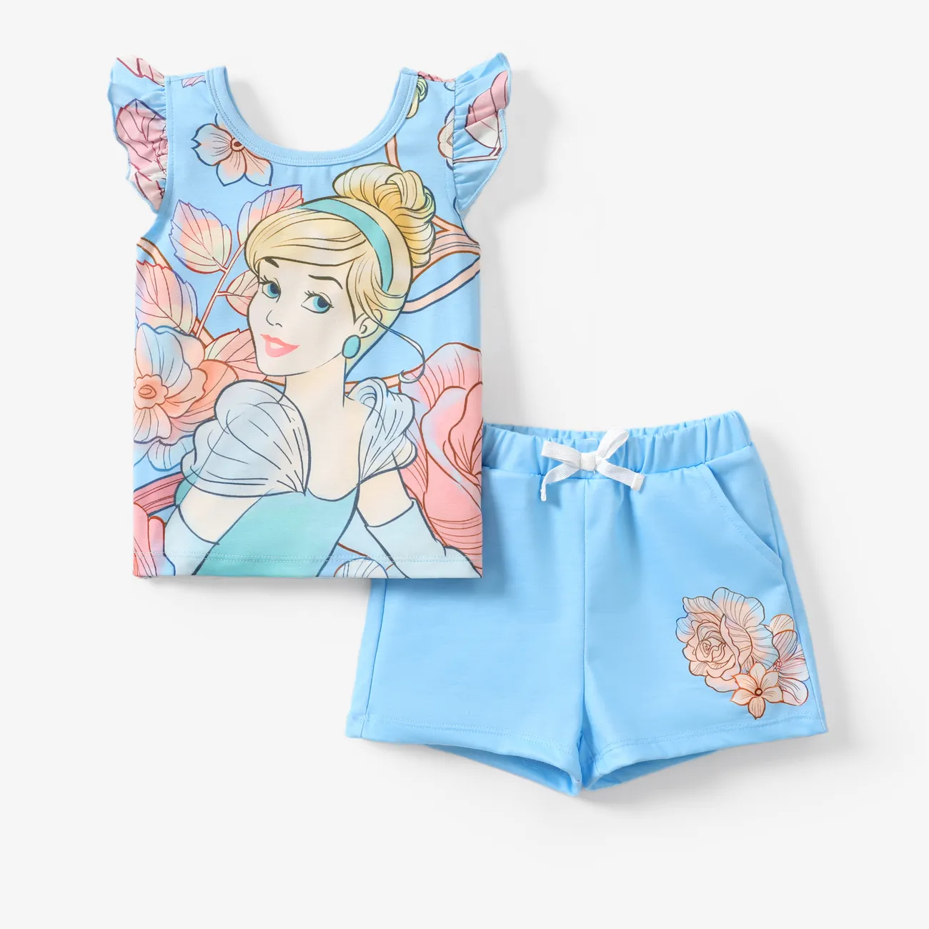 Disney Princess 2 pièces Enfant en bas âge Fille Manches à volants Enfantin Grande fleur ensembles de t-shirts Bleu big image 1