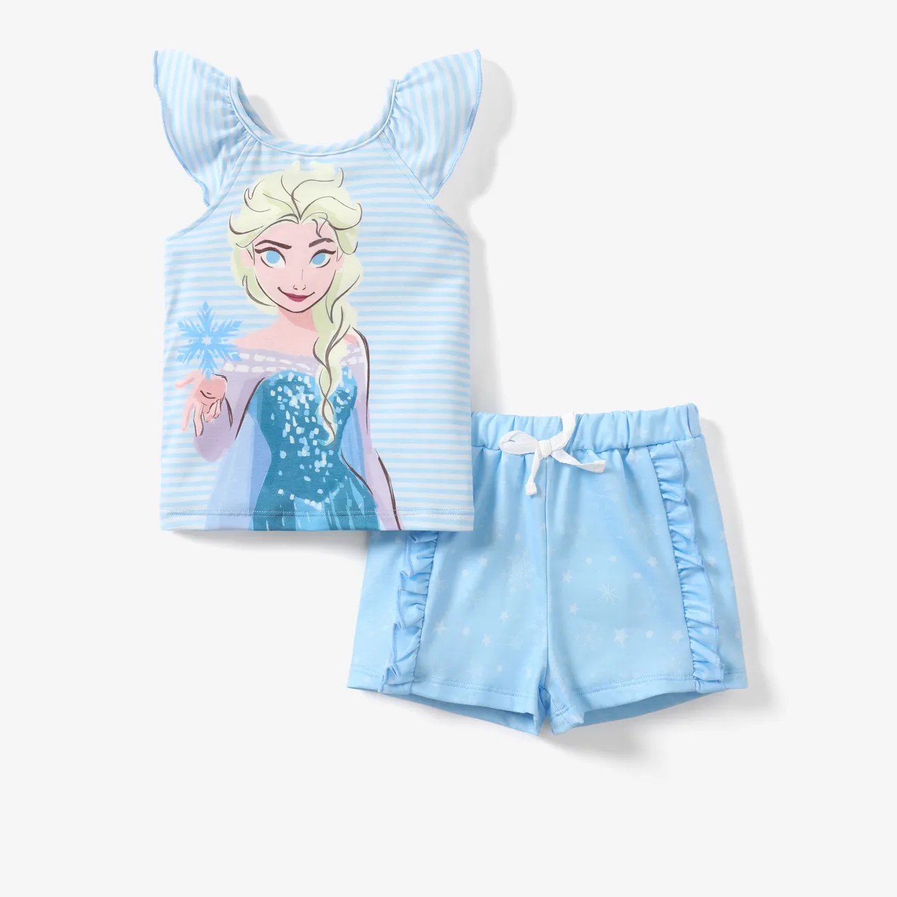 Disney Frozen Elsa&Anna 2pcs Toddler Girl Naia™ Character Print Ruffled Striped Top with Ruffled Shorts Set Blue big image 1