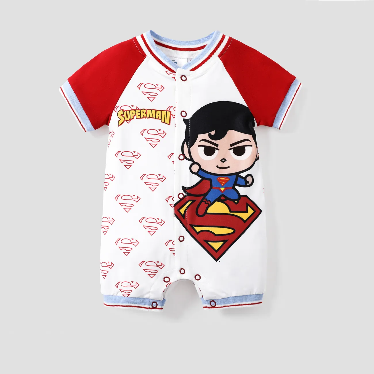 DC Justice League  Superman baby boy Baseball Collar Contrast Color Splicing Sleeve Romper One Piece Red big image 1