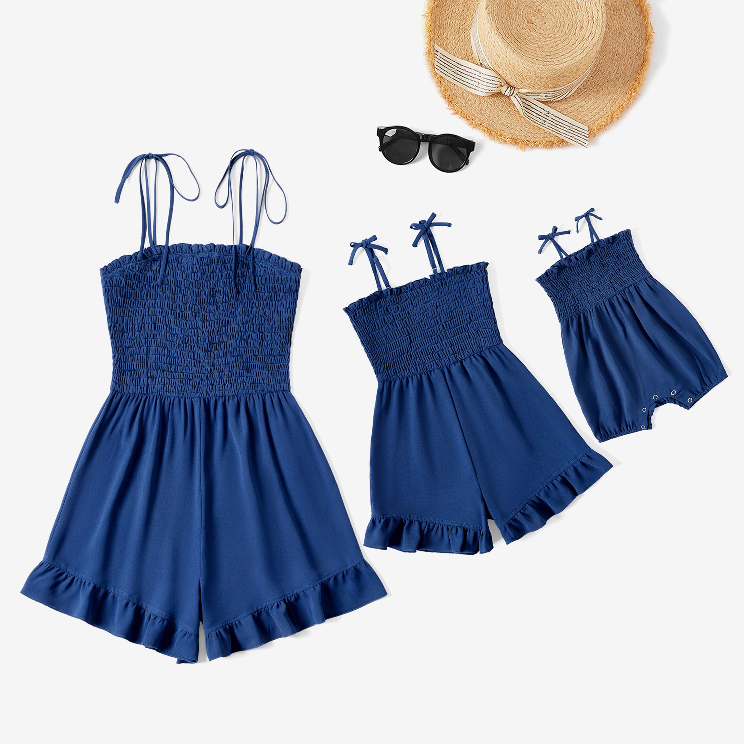 

Mommy and Me Matching Navy Blue Shirred Top Ruffle Hem Strap Romper