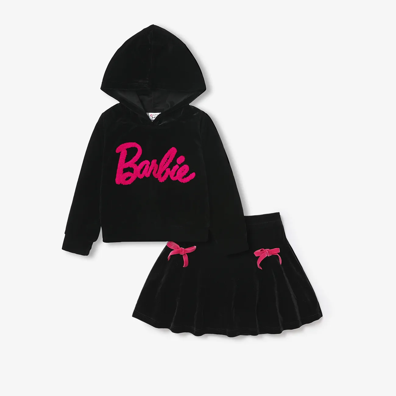 Barbie 2pcs Toddler Girl Hooded Long-sleeve Top and Bowknot Design Skirt Set Black big image 1