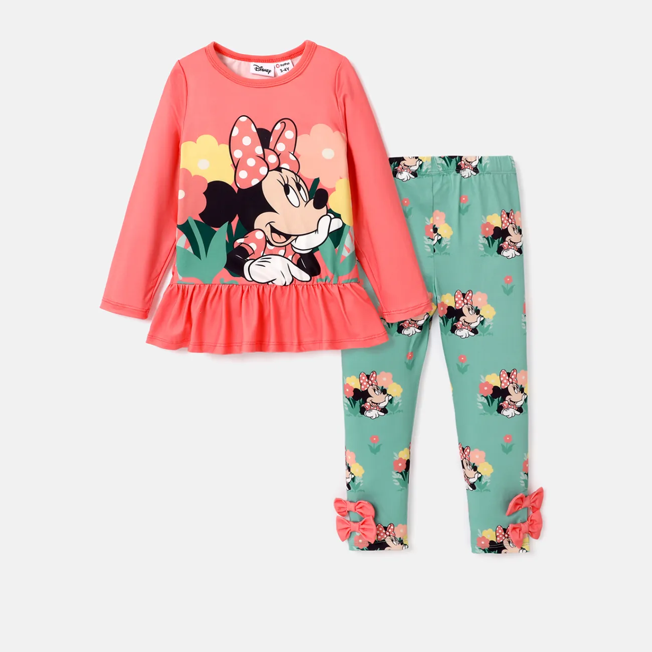 Disney Mickey and Friends Toddler Girl 2pcs Character Print Peplum Long-sleeve Tee and Bowknot Pants Set Light Red big image 1
