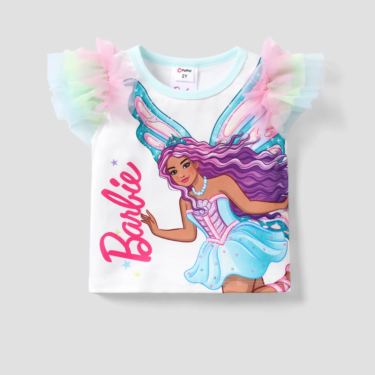 Barbie Toddler Girl Butterfly print Stiched Mesh Fly Sleeve Tee
 White big image 1