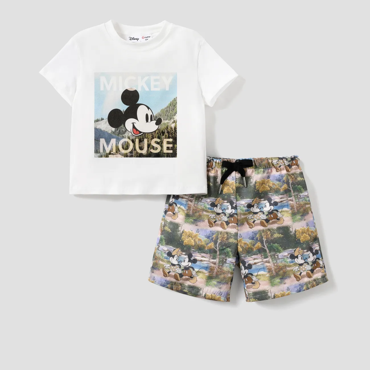 Disney Mickey and Friends 2pcs Toddle/Kid Boy Cotton Character Print T-shirt with Graphic Print Shorts Set OffWhite big image 1