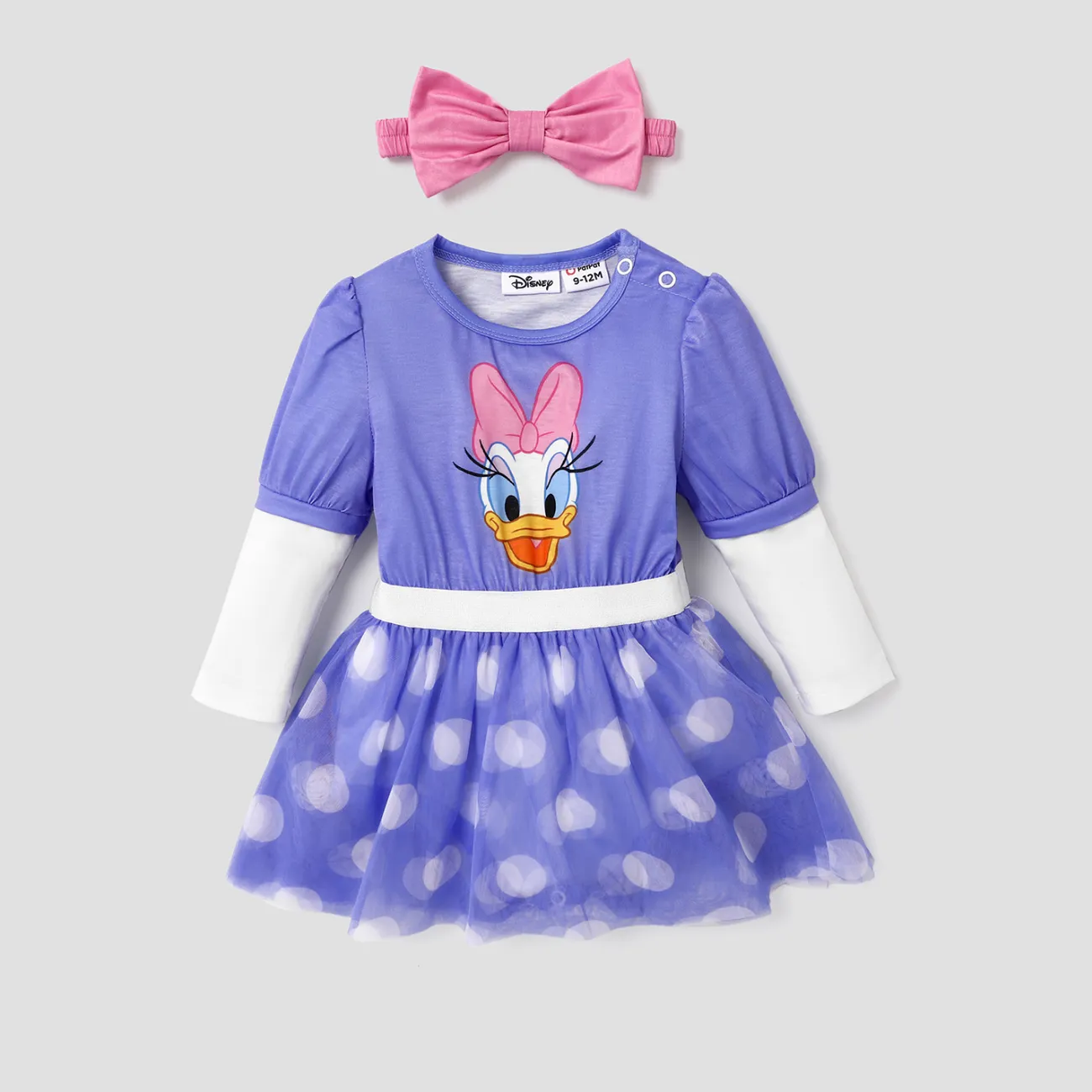 Disney Mickey and Friends Baby Boy/Girl Character Print Long-sleeve Jumpsuit with Hat/Bow Tie Purple big image 1