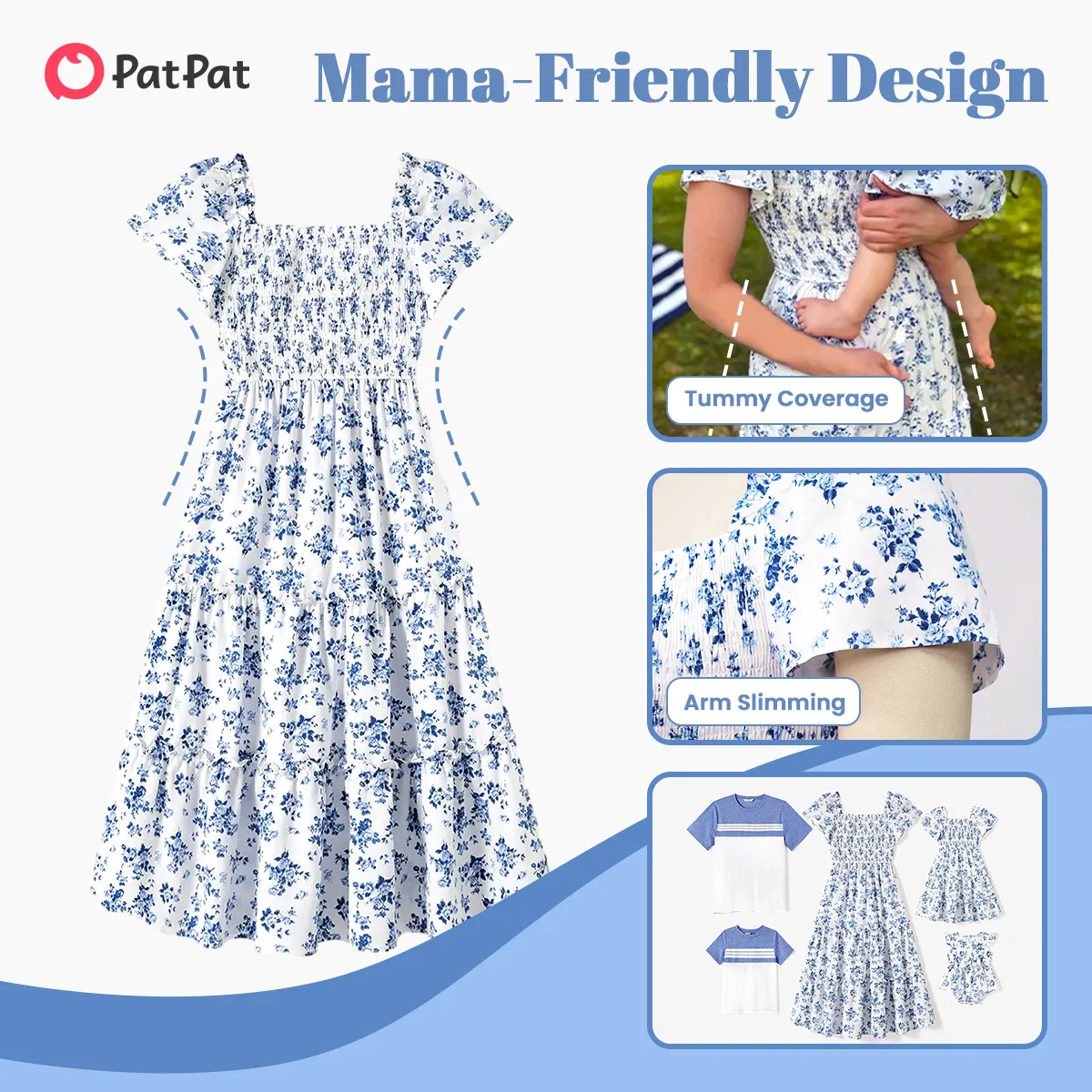 Día de la Madre Looks familiares Flor rota Manga corta Conjuntos combinados para familia Conjuntos azul blanco big image 1