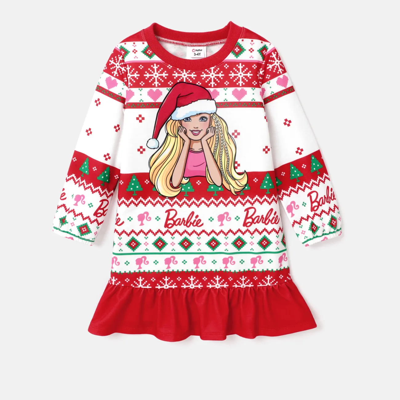 Barbie Toddler Girl Christmas Grass-green Ruffle Hem Long-sleeve Dress Red big image 1