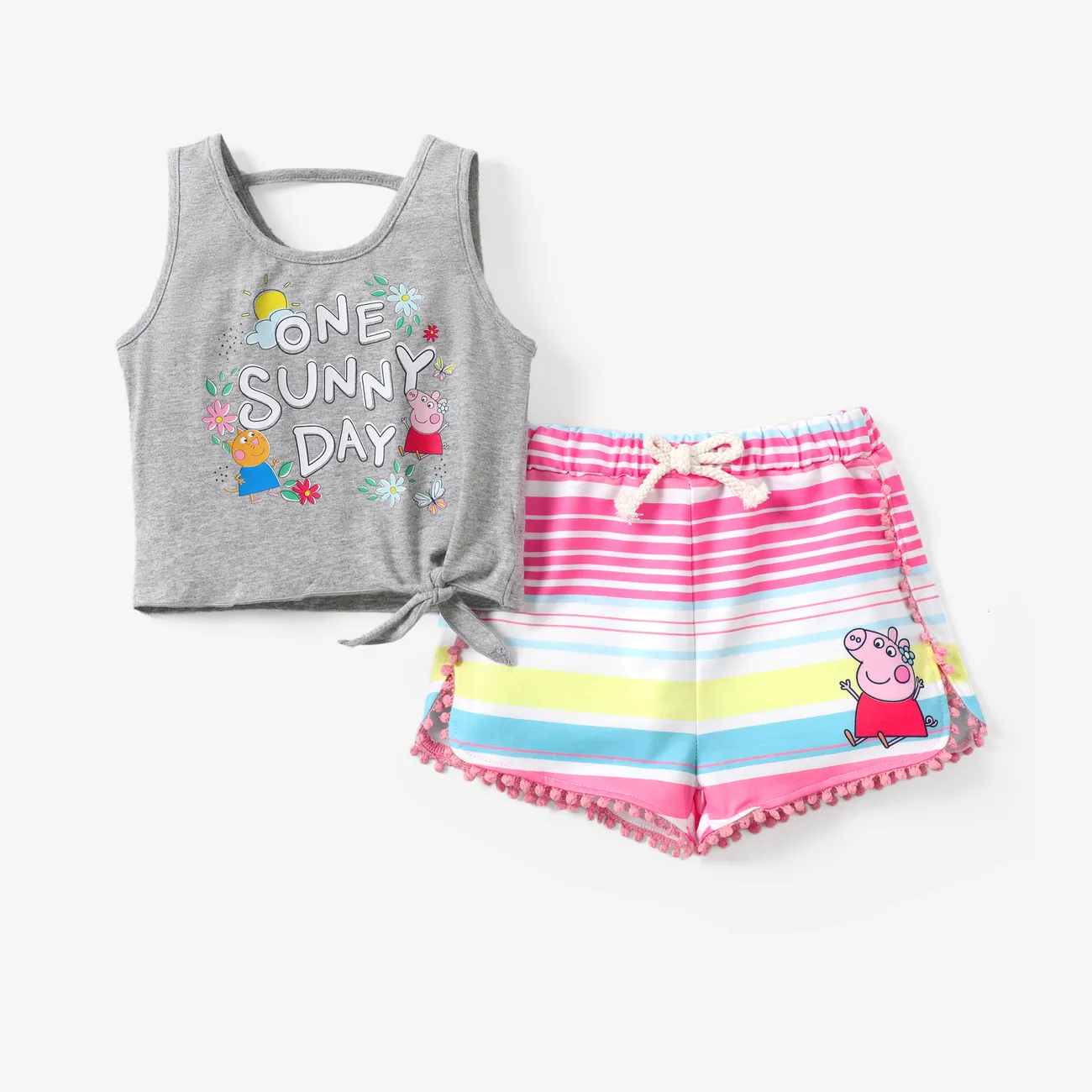 Peppa Pig 2pcs Toddler Girls Character Print Tank Top and Striped/ all-over Floral Print Shorts Set
 Grey big image 1