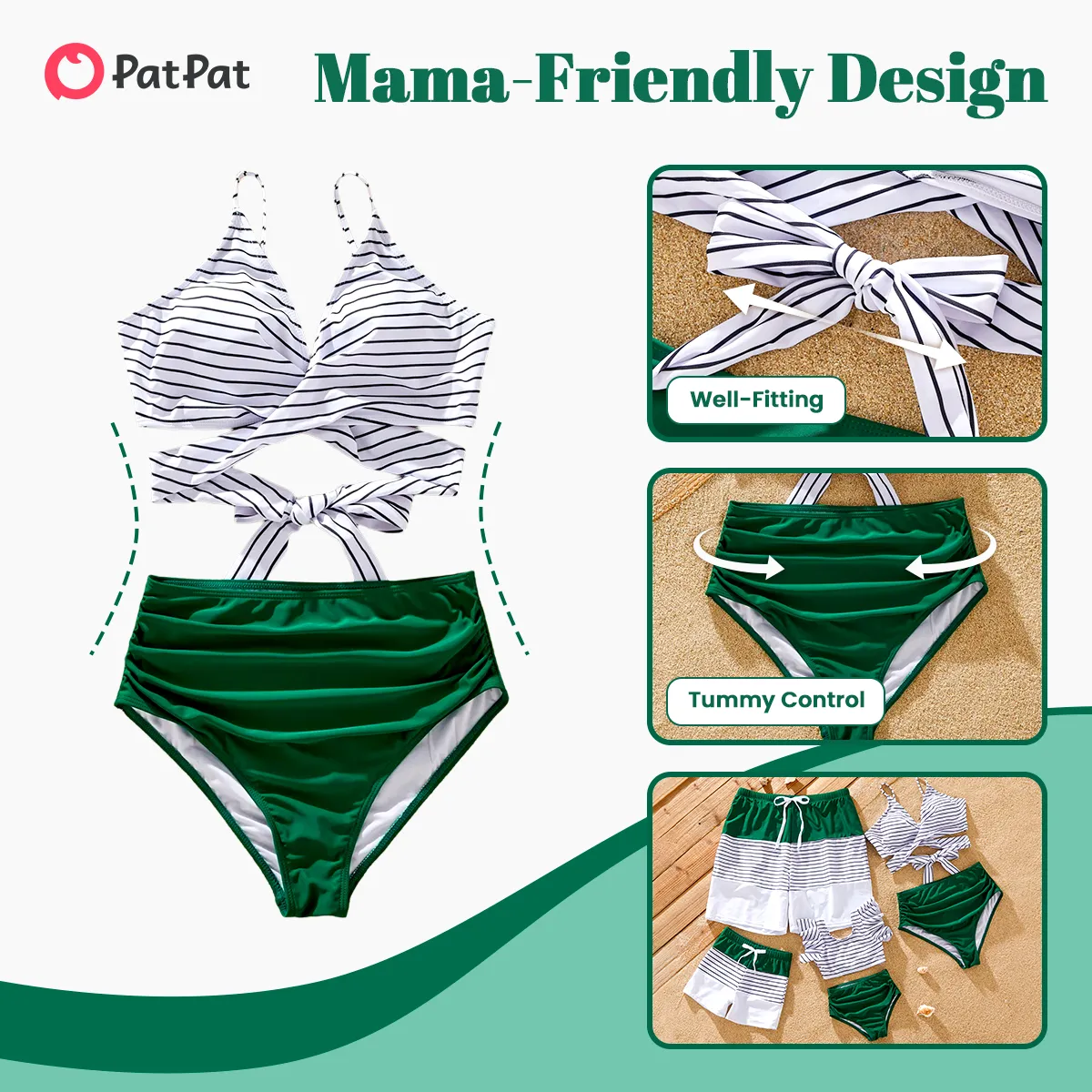 ملابس السباحة إطلالة العائلة للجنسين شريط دانتيل خطوط أخضر big image 1