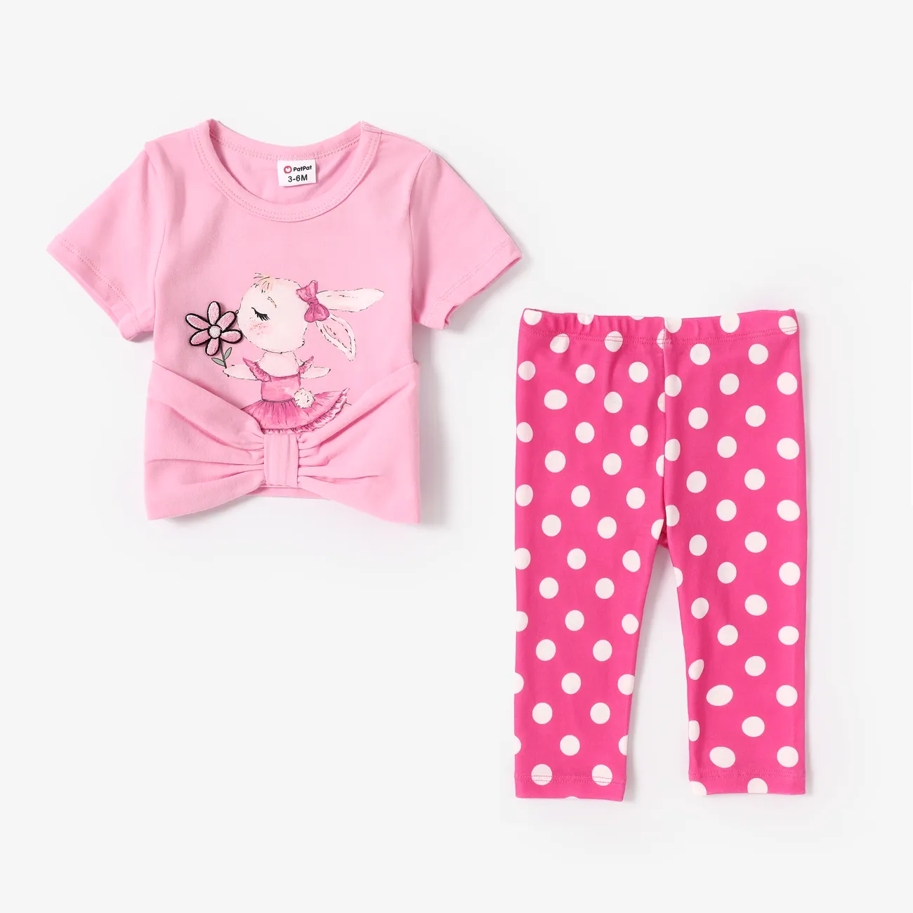 Baby Girl 2pcs Rabbit Print Tee and Polka Dots Leggings Set Pink big image 1