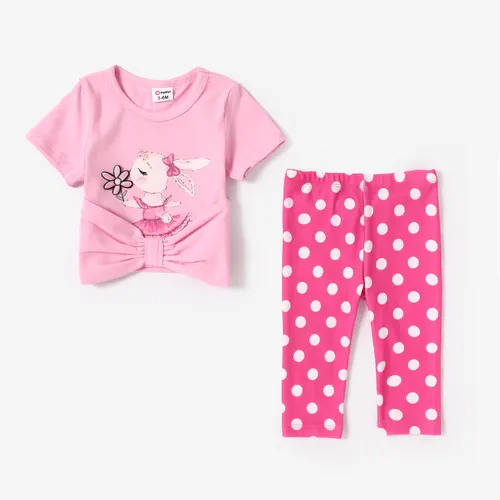 Baby Mädchen 2-teiliges Rabbit-Print-T-Shirt und Polka-Dots-Leggings-Set
