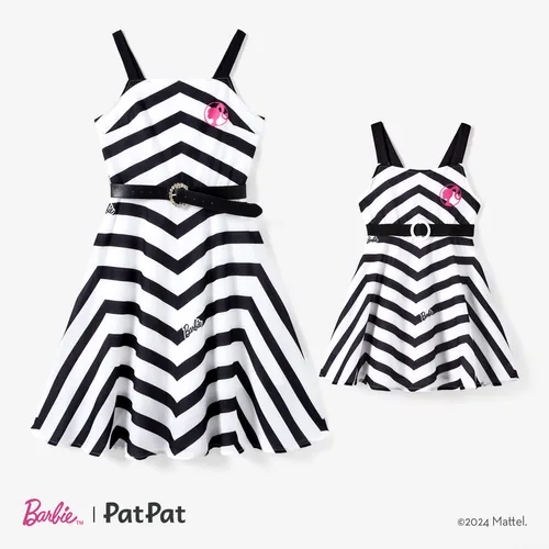 Barbie Mommy and Me 2pcs Vintage Doll Stripe Print Movie-Inspired Fashionable Belted Sleeveless Dress 