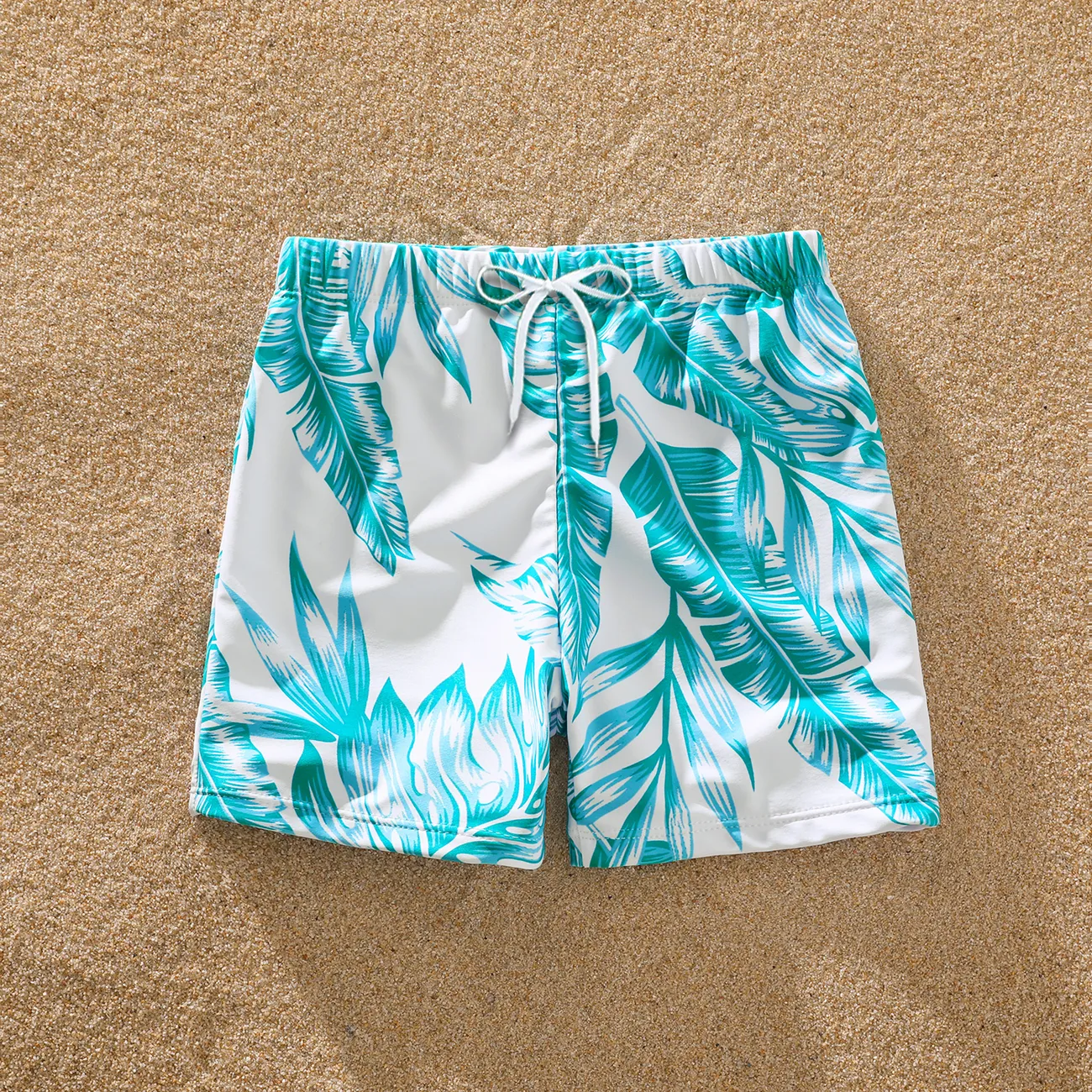 Family Matching Colorblock Textured Self-tie One-Piece Swimsuit and Allover Palm Leaf Print Swim Trunks Shorts BlueGreen big image 1