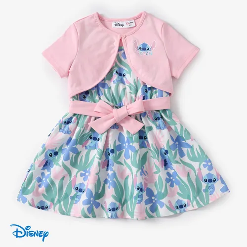 Disney Stitch Toddler Girls 2pcs Pink Cotton Short-sleeve Cardigan with Plant-patterned Sleeveless Bow-Waist Sleeveless Dress Set
