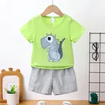 2pcs Baby Boy Cartoon Dinosaur Print Short-sleeve T-shirt and Pinstriped Shorts Set Green