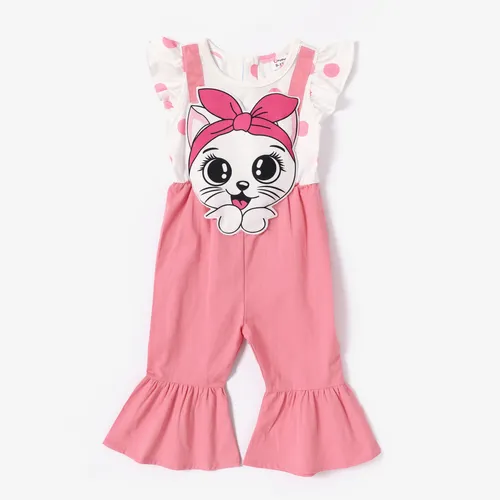 Baby Girl Cat Embroidery Polka Dots Print Colorblock Jumpsuit