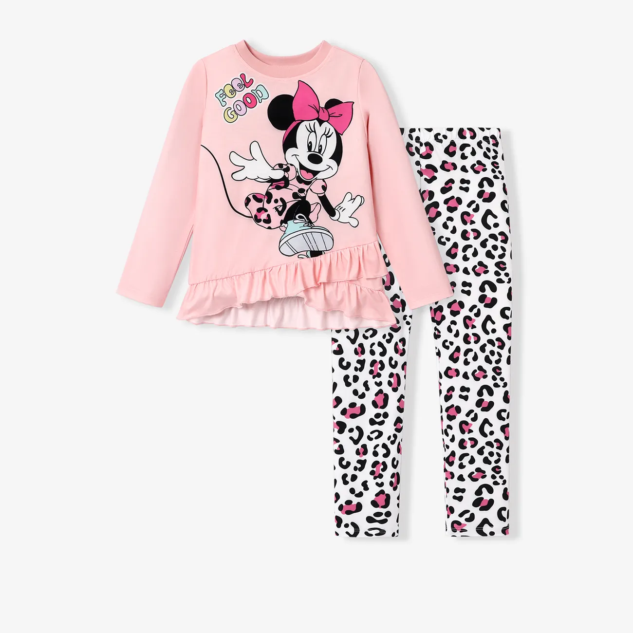 Disney Mickey and Friends Kid Girl 2pcs Character Print Long-sleeve Top and Leopard Print Pants Set Pink big image 1