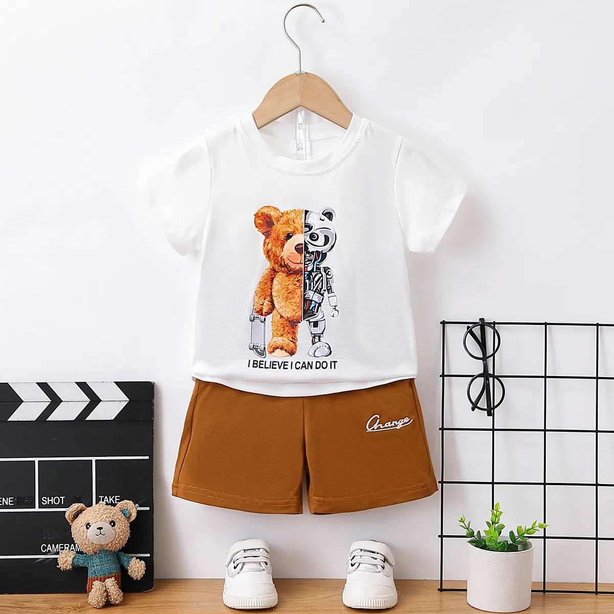 2pcs Toddler Boy Playful Bear Print Short-sleeve Tee and Shorts Set White big image 1