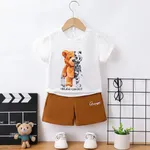 2pcs Toddler Boy Playful Bear Print Short-sleeve Tee and Shorts Set White