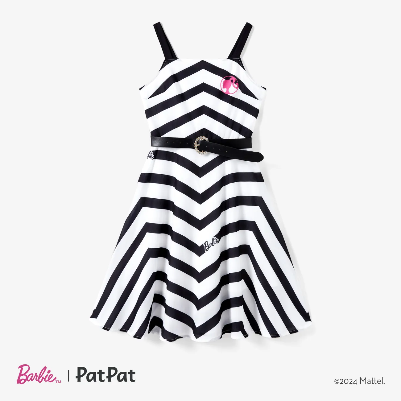 Barbie Mommy and Me 2pcs Vintage Doll Stripe Print Movie-Inspired Fashionable Belted Sleeveless Dress  BlackandWhite big image 1
