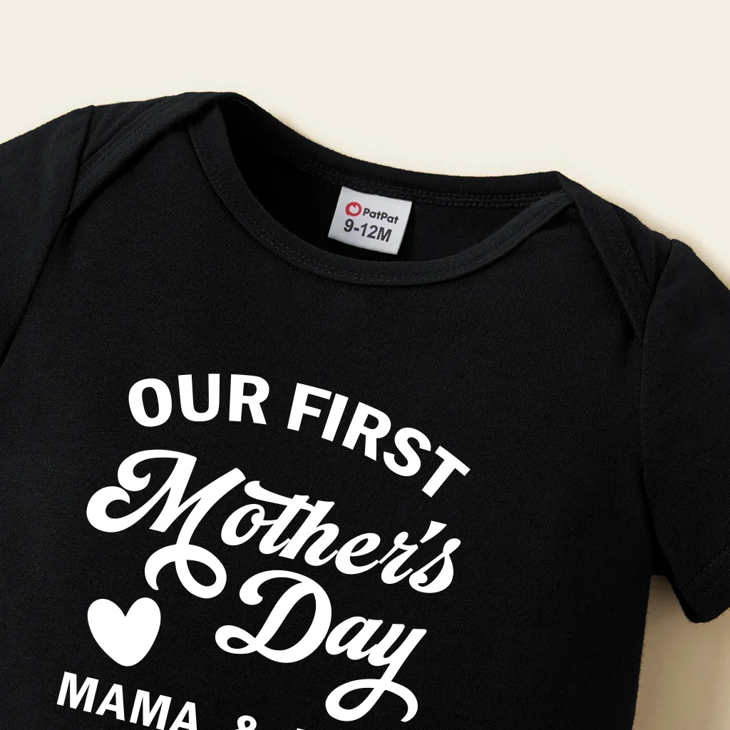 Mother's Day Mommy and Me Black Short Sleeves Letter Printed Festival Celebration Tops Black big image 1