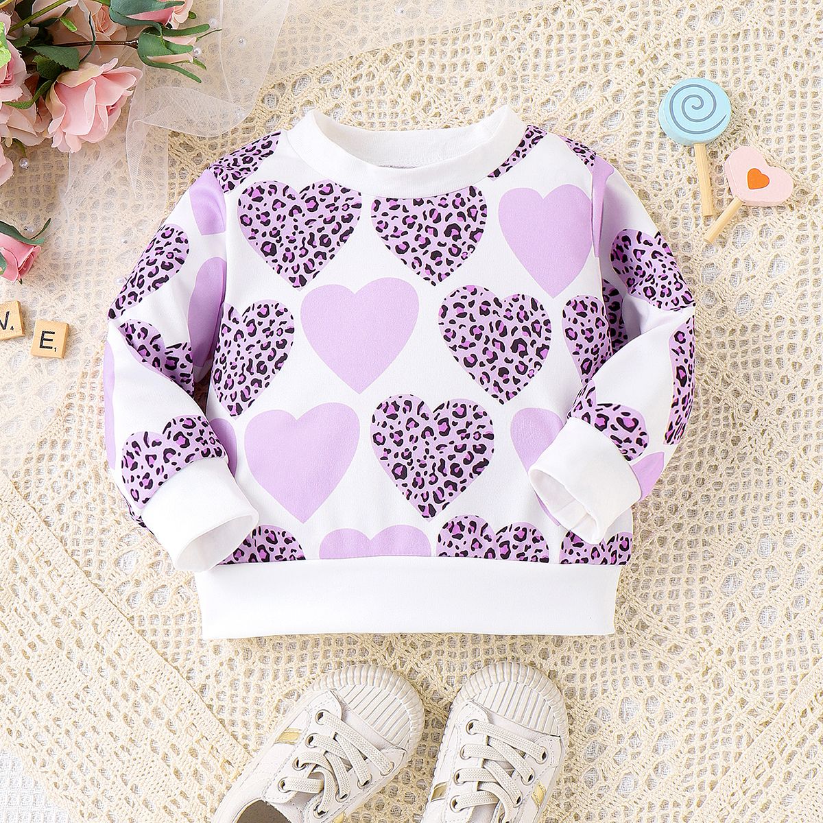 Baby Girl Allover Leopard Heart Print Long-sleeve Sweatshirt