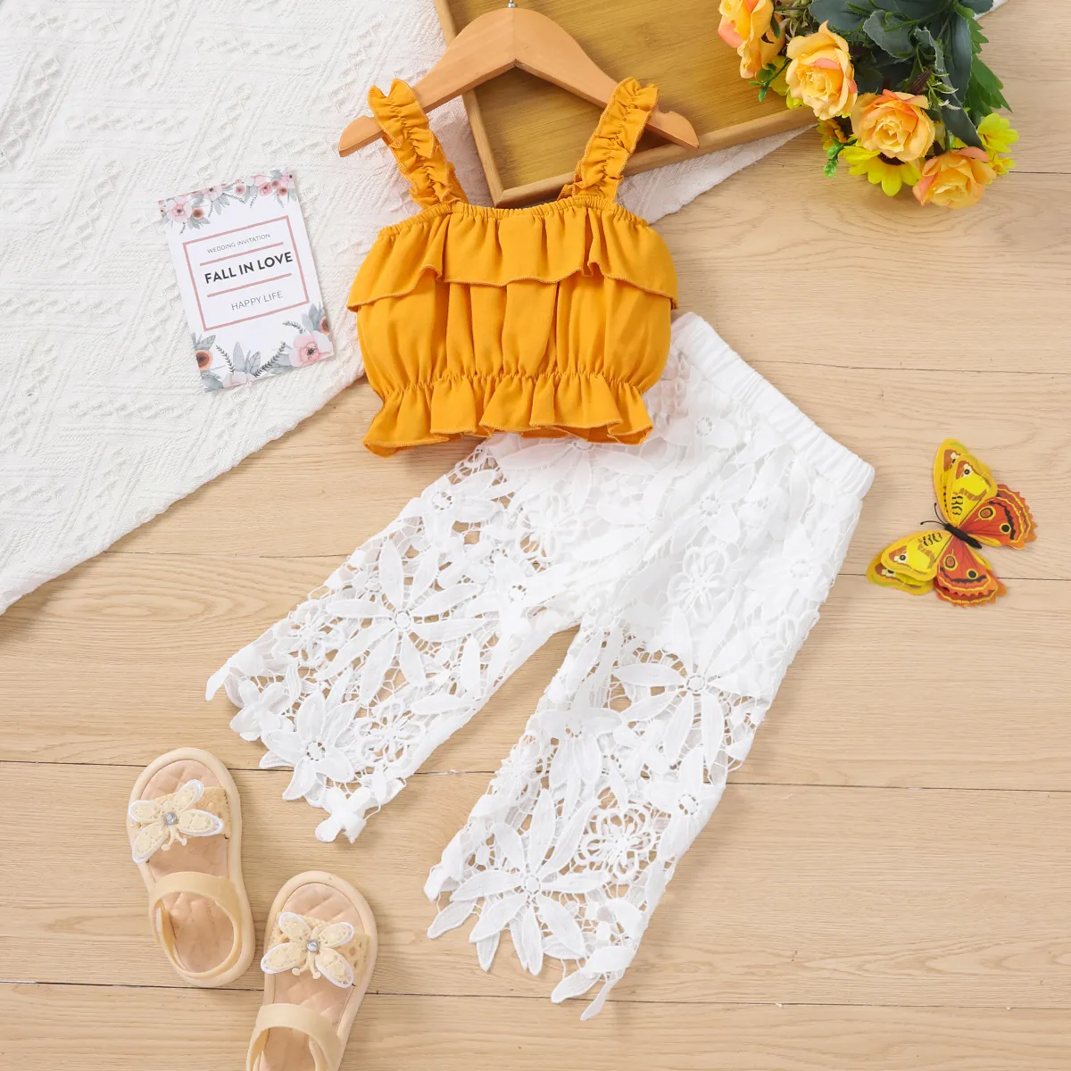 2pcs Baby Girl Ruched Crop Camisole and Guipure Lace Pants Set