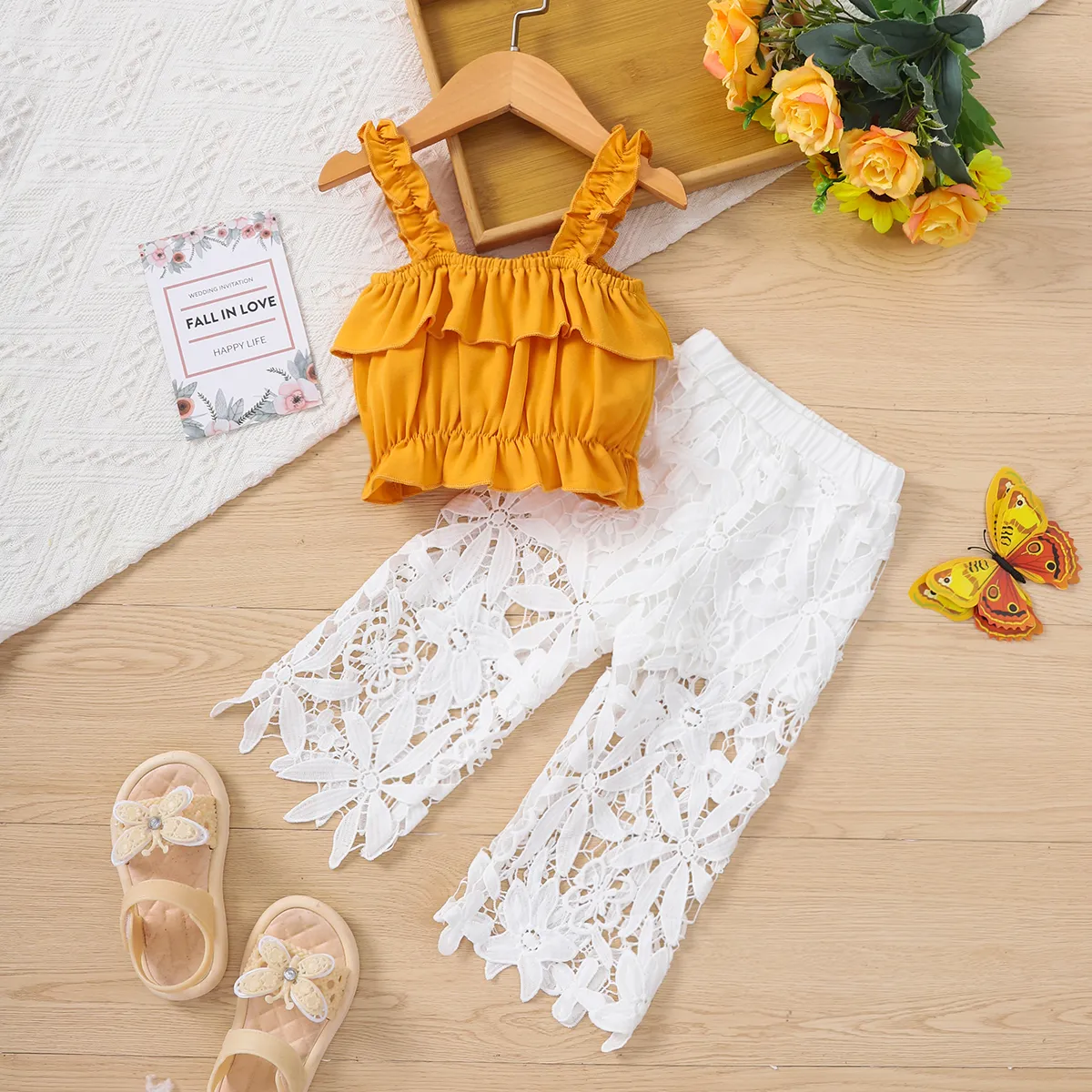 2pcs Baby Girl Ruched Crop Camisole and Guipure Lace Pants Set Yellow big image 1